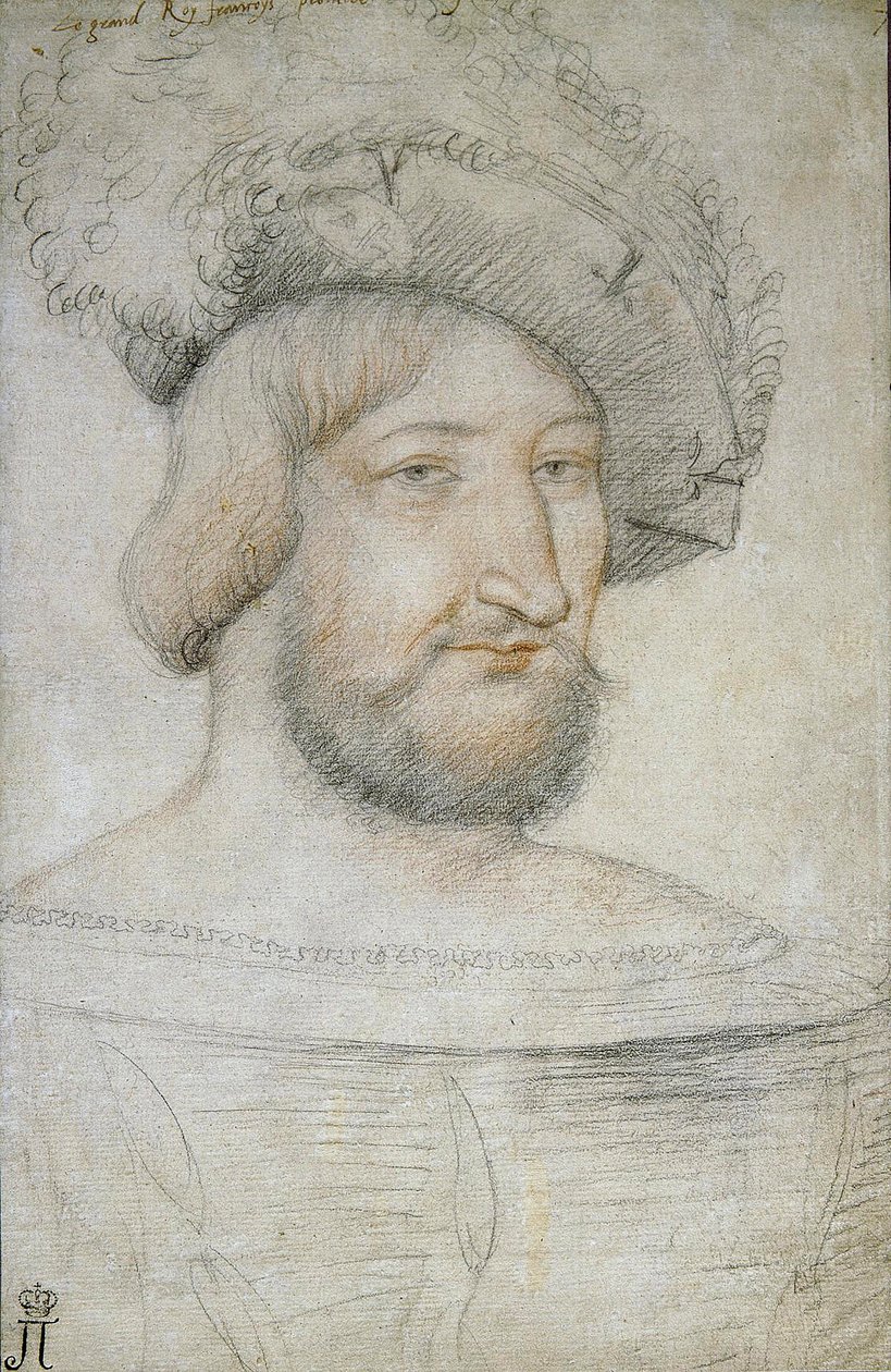 Porträtt av Frans I (1494-1547), kung av Frankrike par Clouet, Jean (ca 1485-1541). Svart krita och sangvin på papper, storlek: 29,3x19,1, första halvan av 1500-talet, State Hermitage, St. Petersburg av Jean Clouet