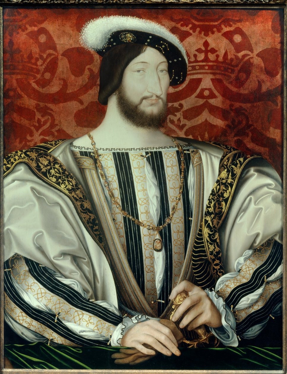 Porträtt av Frans I (1494-1547), kung av Frankrike (med kragen av Mikaelsorden) olja på trä, ca. 1530 av Jean Clouet