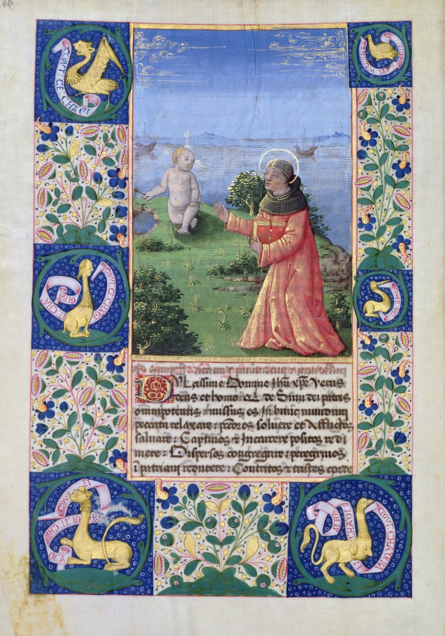 Ms Lat. Q.v.I.126 f.94v Louis av Orleans (1462-1515) ber inför Kristusbarnet, från Louis dOrleans