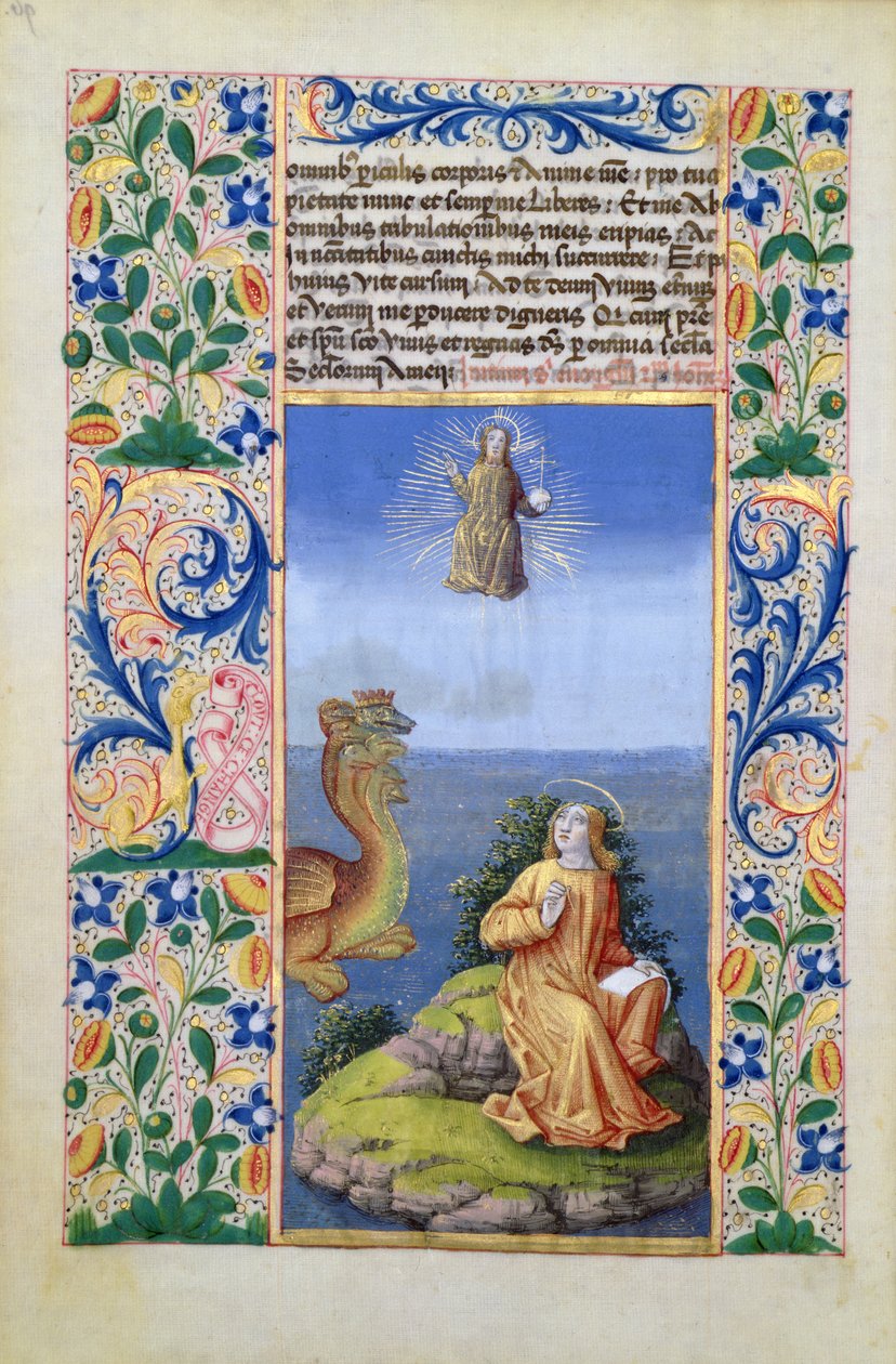 Ms Lat. Q.v.I.126 f.96v St. Johannes evangelisten på ön Patmos, från Louis dOrleans