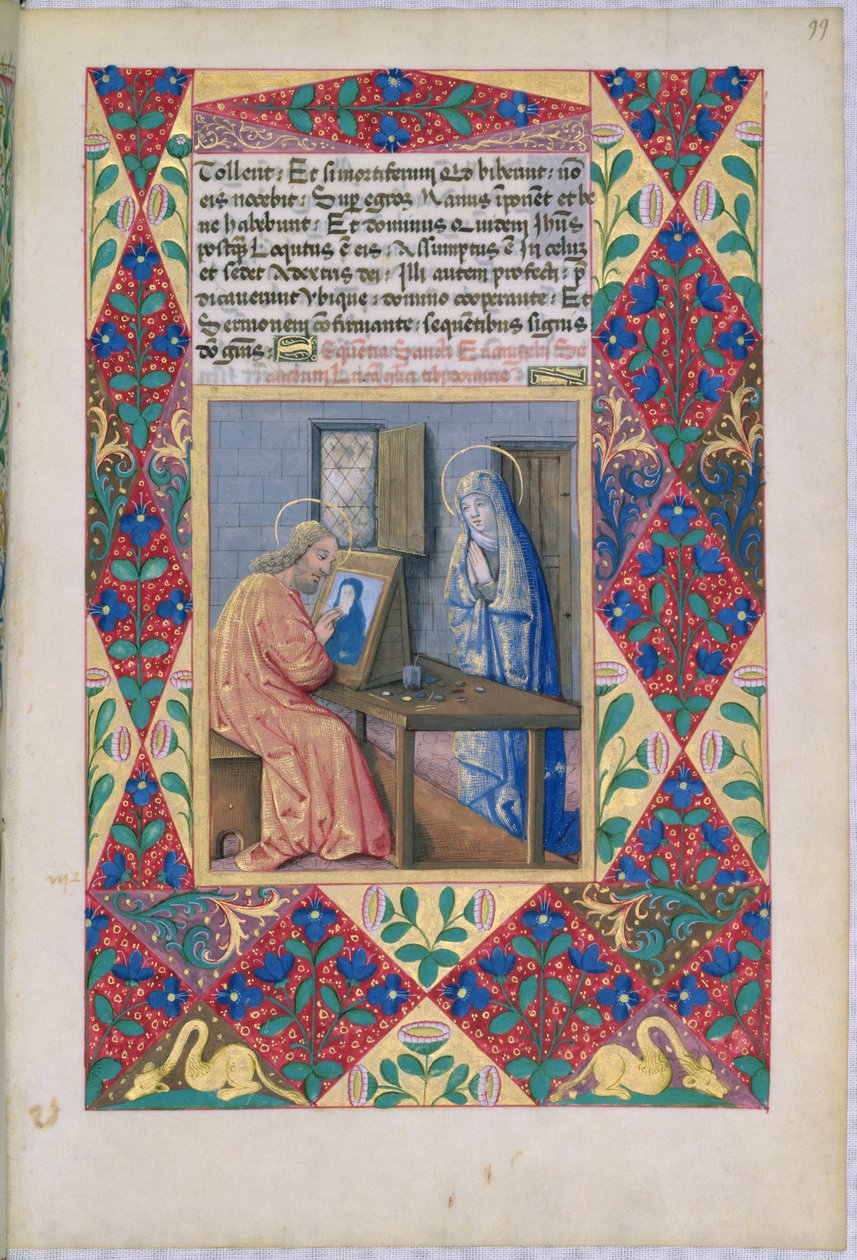 Ms Lat. Q.v.I.126 f.99 St. Lukas målar Jungfru Maria, från Louis dOrleans