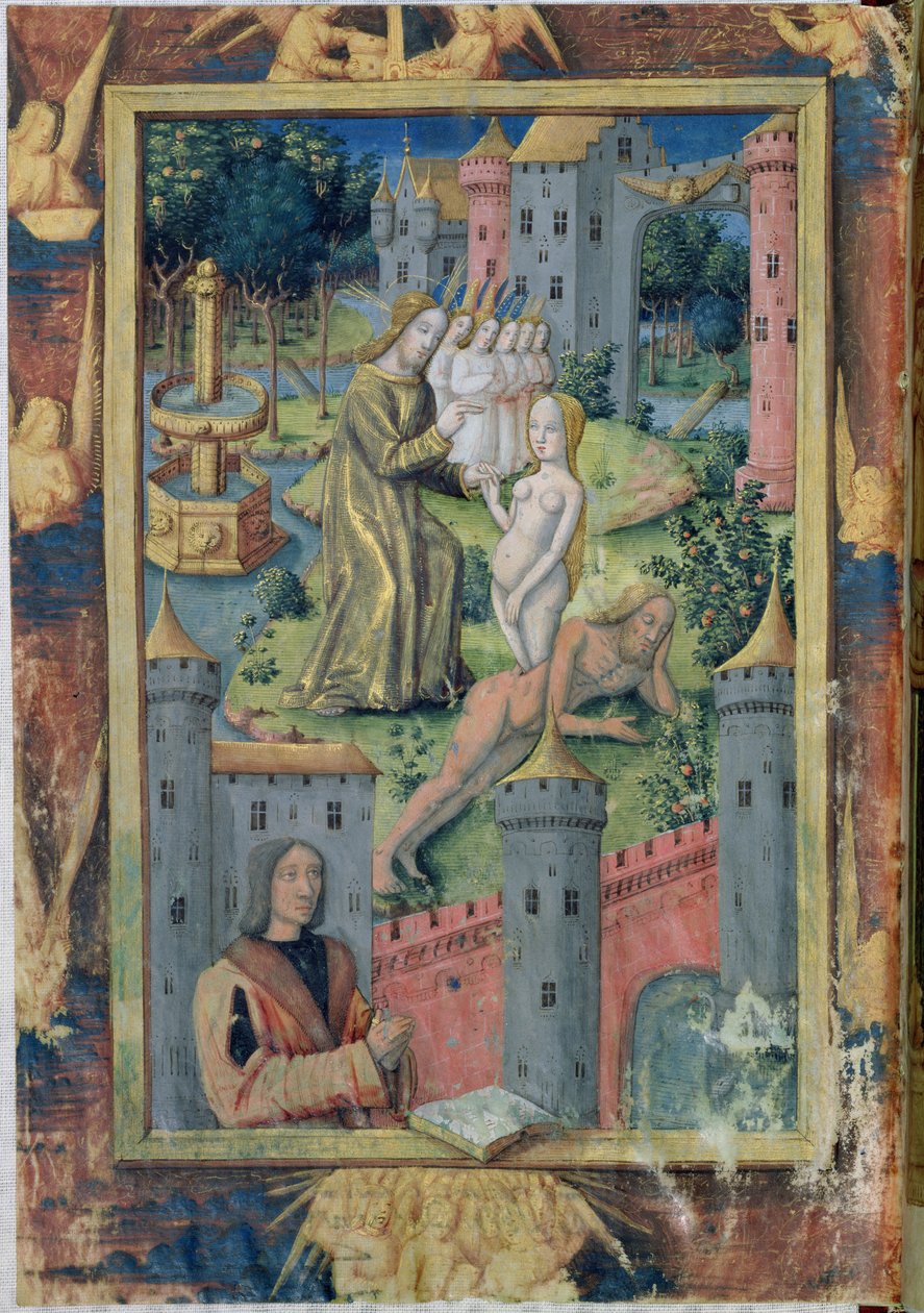 Ms Lat. Q.v.I.126 fol.11 The Creation of Eva från Ludvig av Orleanss timbok, 1490 av Jean Colombe