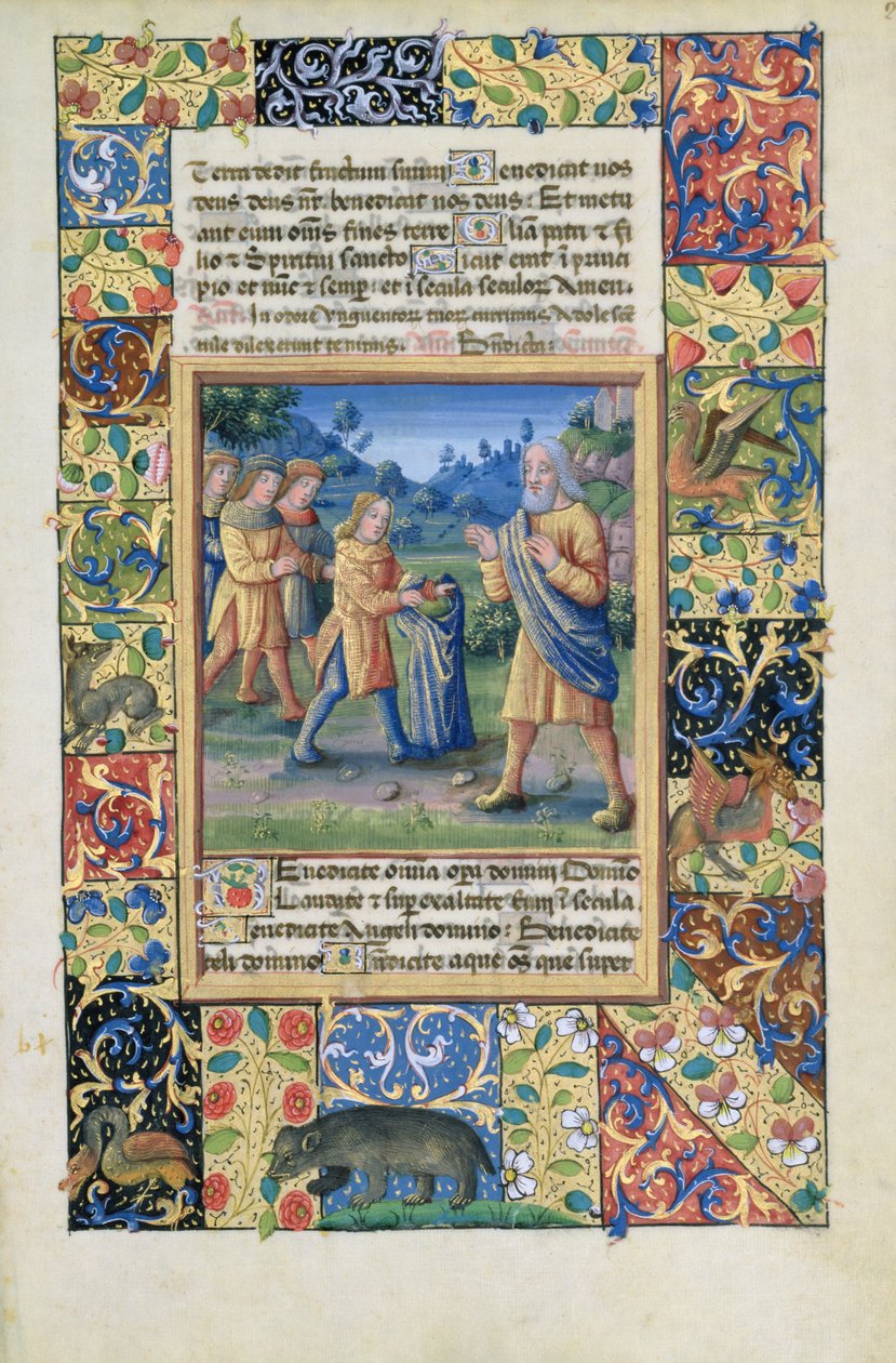 Ms. Lat. Q.v.I.126 fol.21 Josephs bröder visar sin far bevis på att Josef är död, från Louis dOrleans