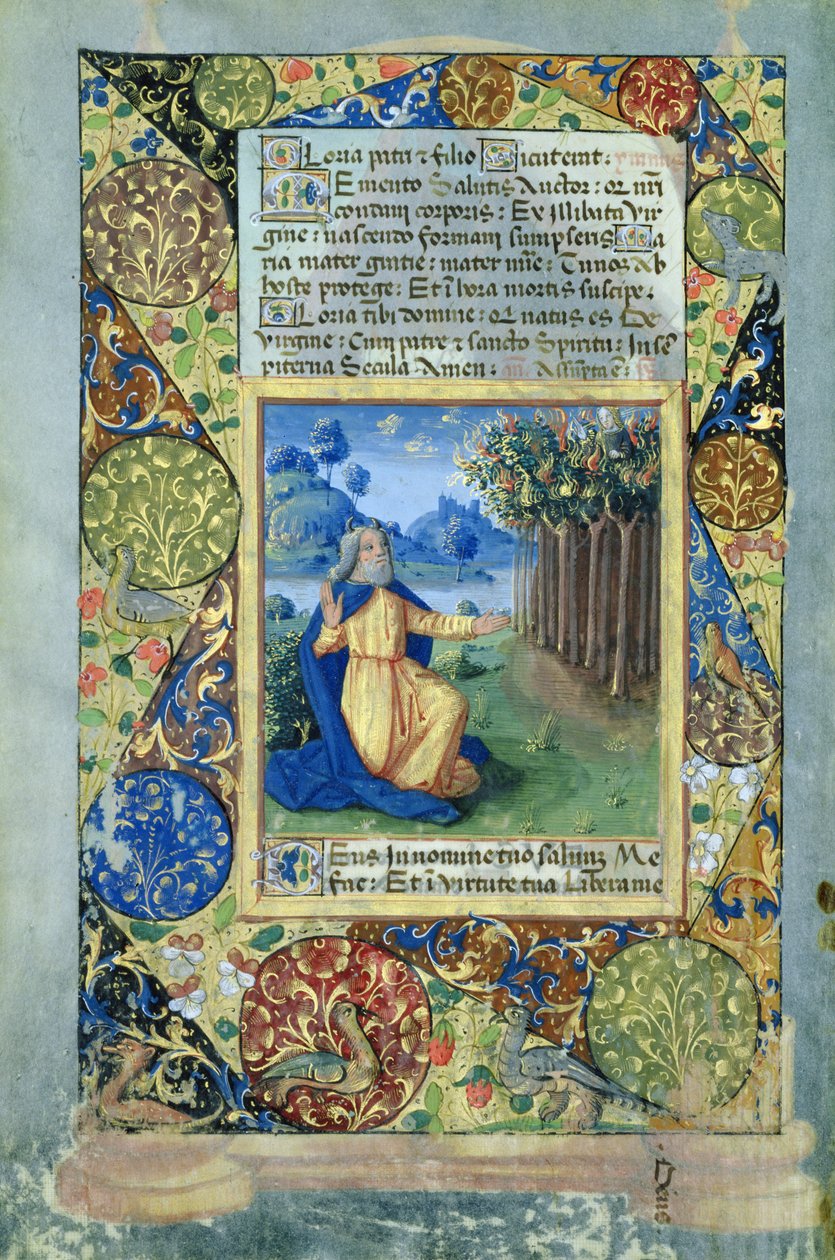 Ms. Lat. Q.v.I.126 fol.25v Mose framför den brinnande busken, från Louis dOrleans