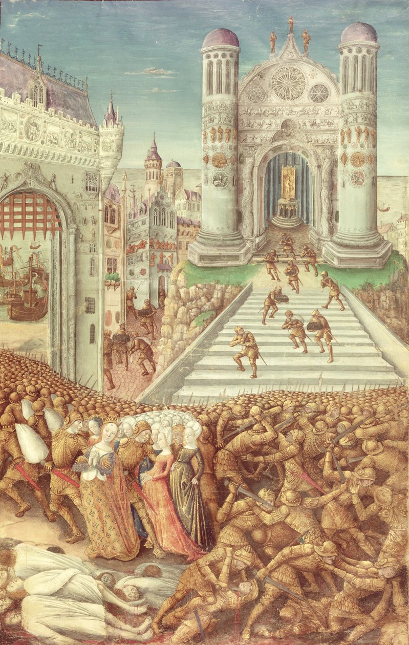Nouv Acqu Fr 24920 fol.12 Bortförandet av Helen, från "History of the Destruction of Troy", c.1500 av Jean Colombe