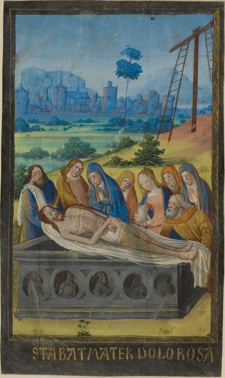 Gravläggningen (Stabat Mater-bönen), från en timbok av Jean Colombe
