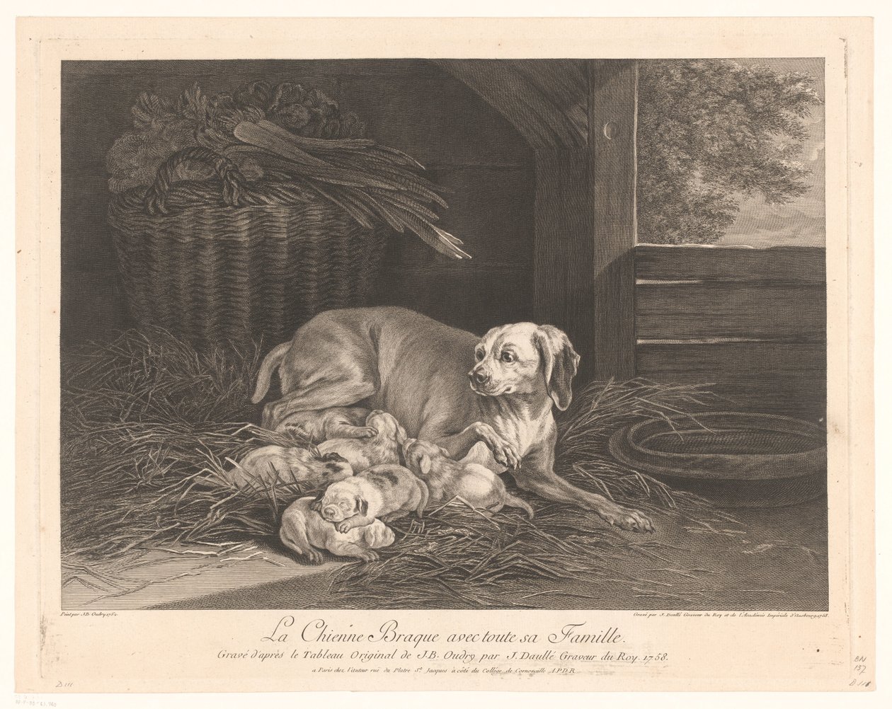 Bracke-hond met jongen in een stal Braque Dog med hela hennes familj. (titel på objekt) av Jean Daullé