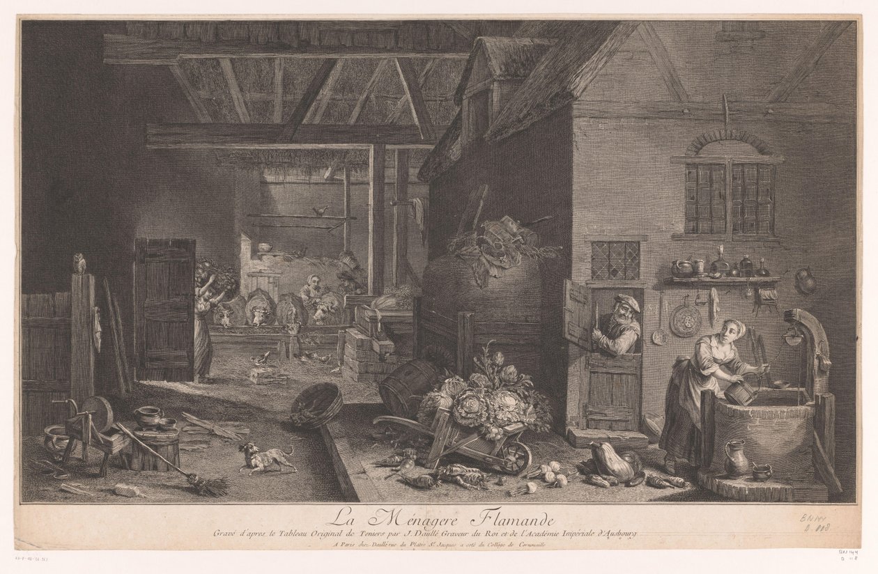 Interiör av en bondgård La Ménagere Flamande (titel på objekt) av Jean Daullé