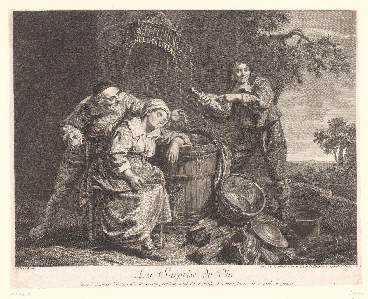 Kvinna som sover vid en tunna med vinglas i handen La Surprise du Vin. (titel på objekt) Tryck efter Le Nain (serietitel) av Jean Daullé