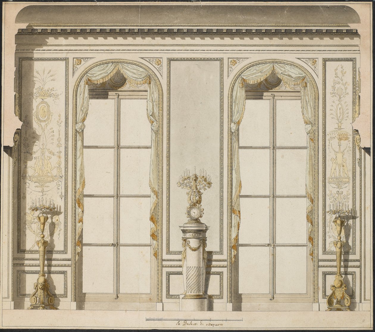 Arkitektoniskt projekt för Grande Galerie på Hotel de Madame de Mazarin i Paris (penna & bläck och w/c på papper) av Jean Desmosthene Dugourc
