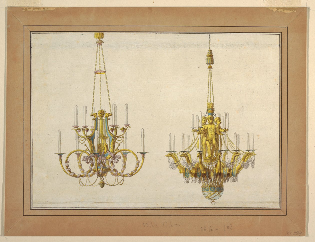 Design för två ljuskronor i förgylld brons av Jean Démosthène Dugourc