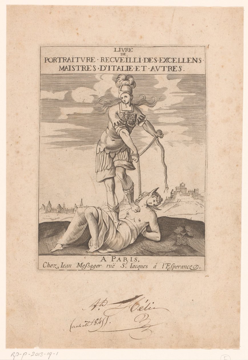Minerva binder dumhet med ett rep Titelsida för: s.n., Livre de portraiture receuilli des excellens maistres d