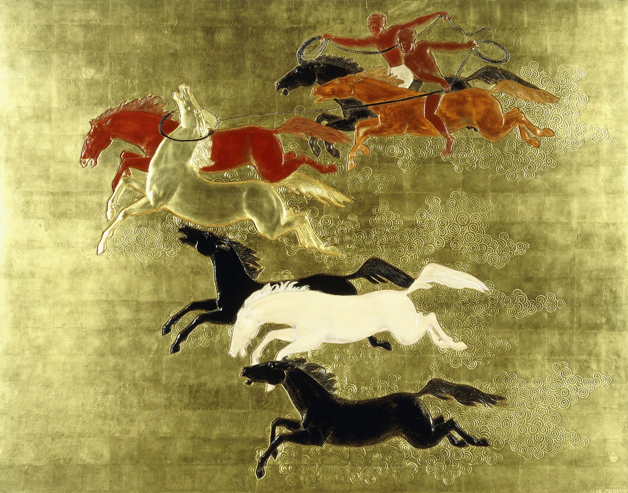 Erövring av hästen; La Conquete du Cheval, ca 1934 (en lackad och förgylld panel) av Jean Dunand
