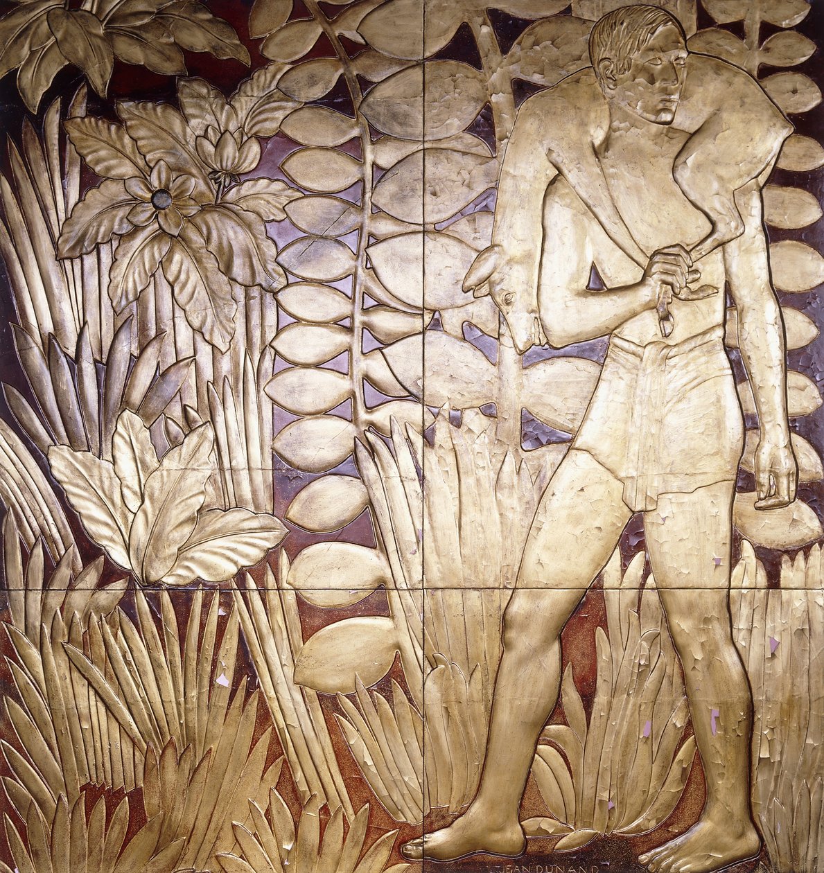 Fyra lackerade och förgyllda träpaneler från "La Chase", ca 1935-1949 av Jean Dunand