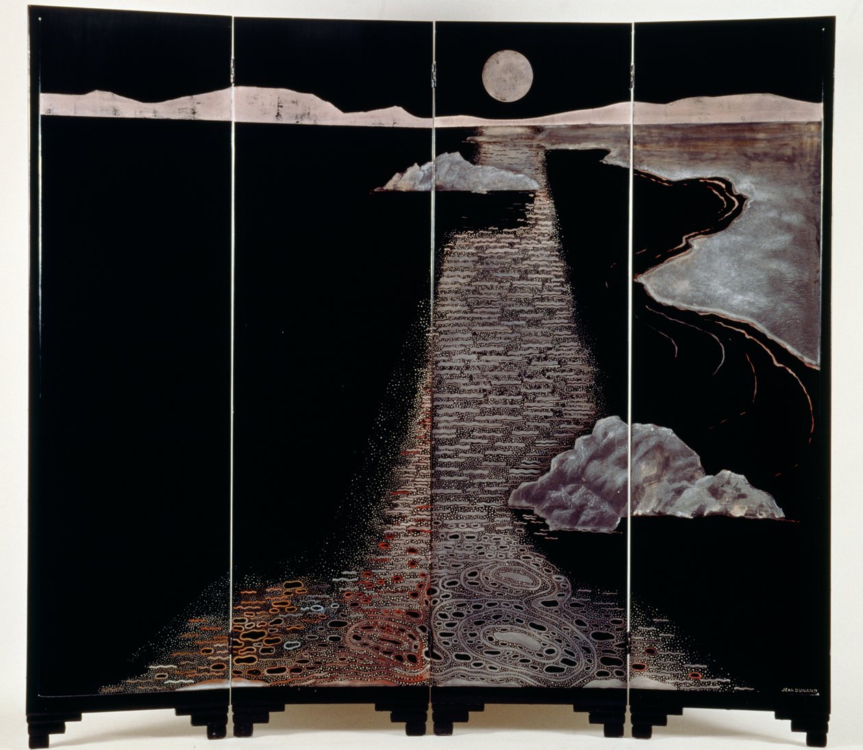Light of moon (Claire De Lune), skärm med fyra paneler, 20:e (lackerat silver) av Jean Dunand