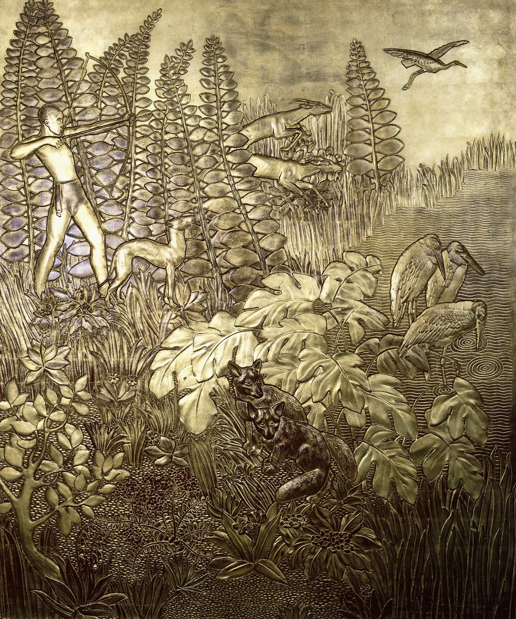 Jakten; La Chasse, ca. 1934 (förgyllt och lackat trä) av Jean Dunand