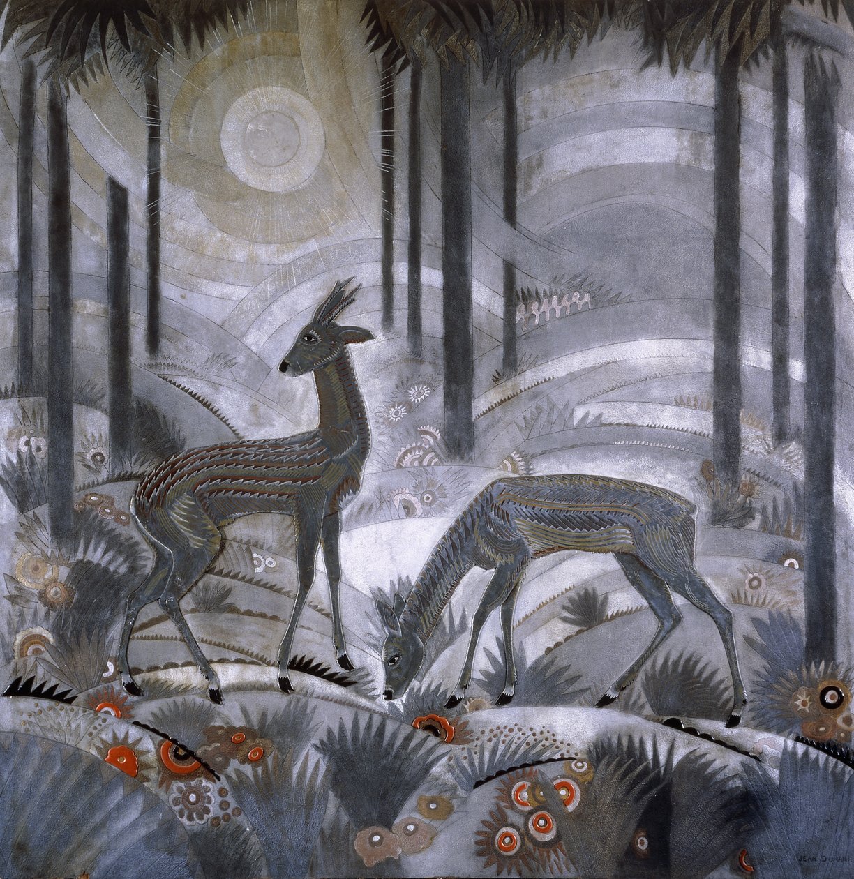 Two Deer in a Forest, c.1929 (lackerad träpanel) av Jean Dunand