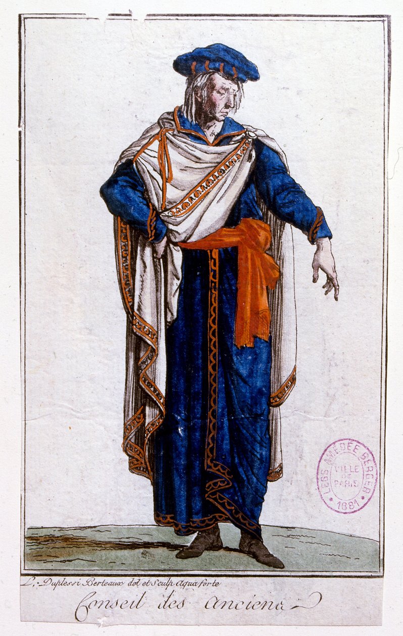Illustration föreställande en uniform för en medlem av Directoire, Directory av Jean Duplessi-Bertaux