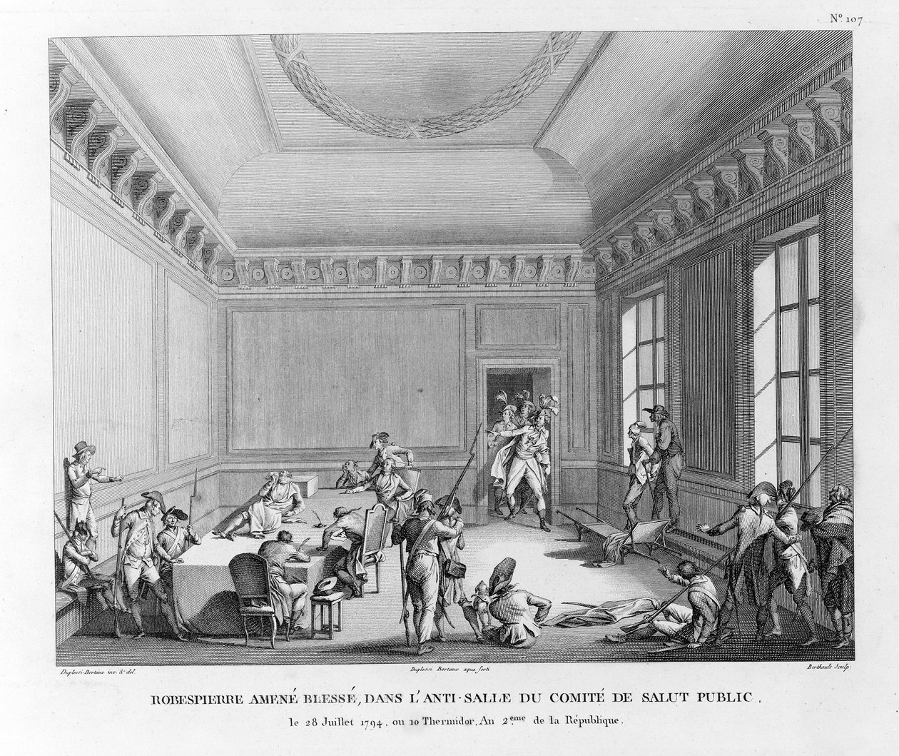 Robespierre förde sårade, i antirummet i kommittén för allmän säkerhet den 28 juli 1794, engr. av Pierre Gabriel Berthault (1748-1819) av Jean Duplessi Bertaux