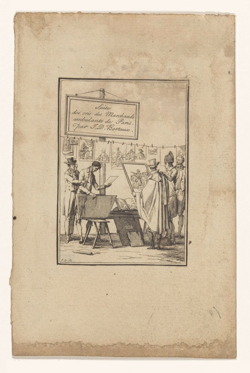 Stall hos en tryckerihandlare Suite des cris des marchands ambulants de Paris (serietitel på objekt) av Jean Duplessis Bertaux