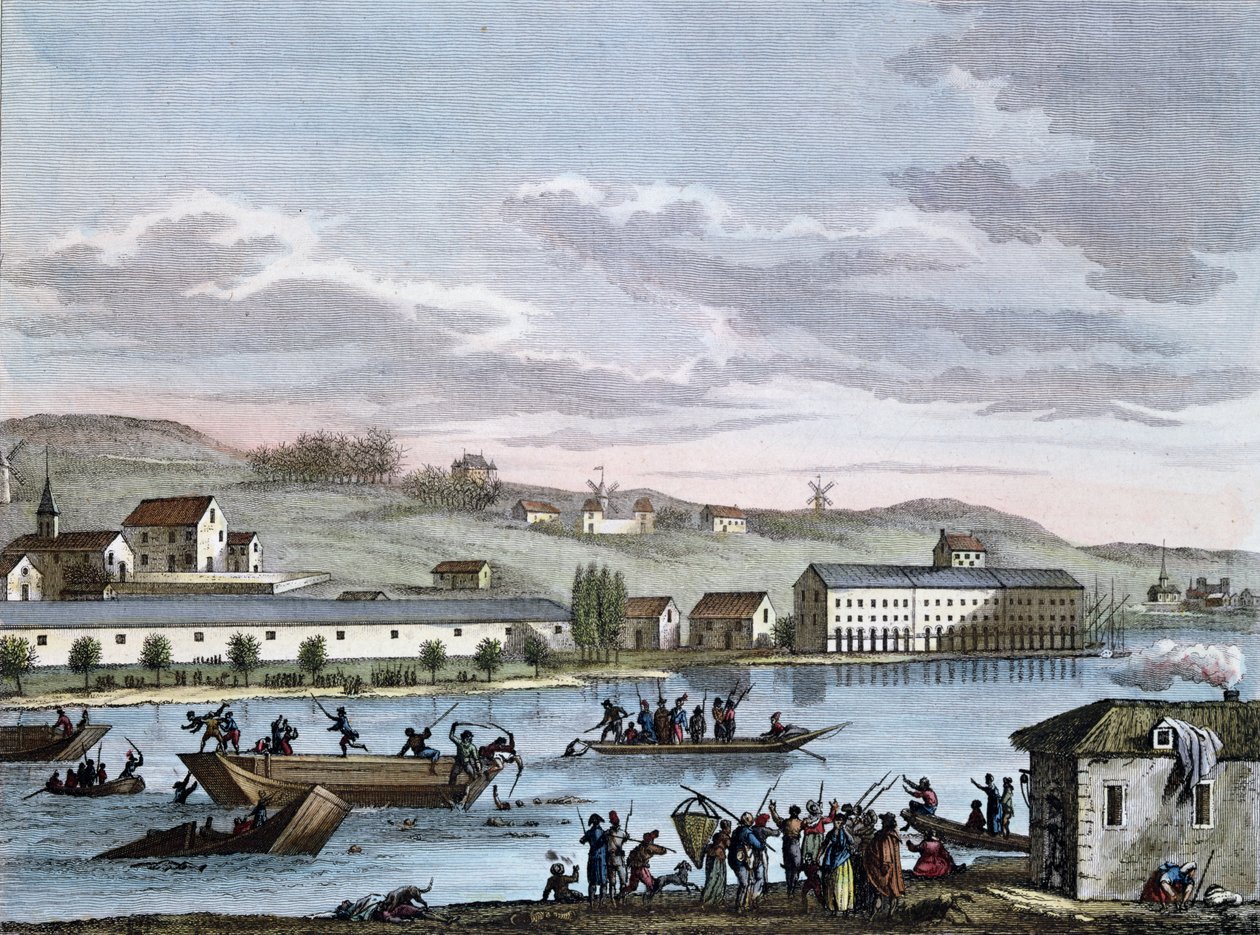 Nantes Drownings, efter serien "Historiska målningar av den franska revolutionen", graverade av Reinier Vinkeles (1741-1816) och Daniel Vrydag (1765-1822) sent 1700-tal av Jean Duplessis Bertaux