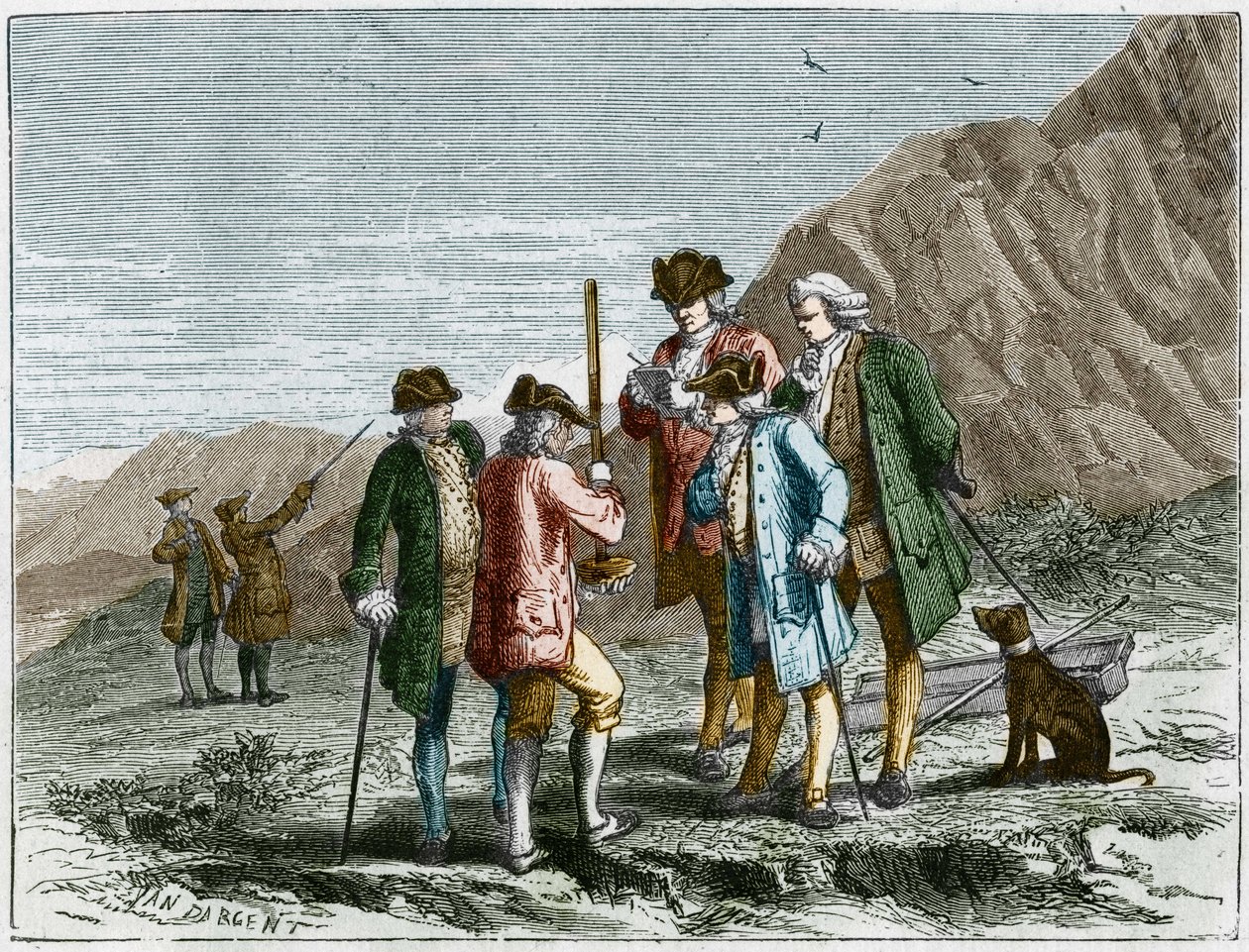 Florin Perier mäter höjden på barometern (kvicksilverröret) av Evangelista Torricelli eller Toricelli under experimentet på tyngdkraften i luften från Blaise Pascal, på toppen av Puy de Dome (1648). Gravyr av Yan Dargent. av Jean Edouard Dargent