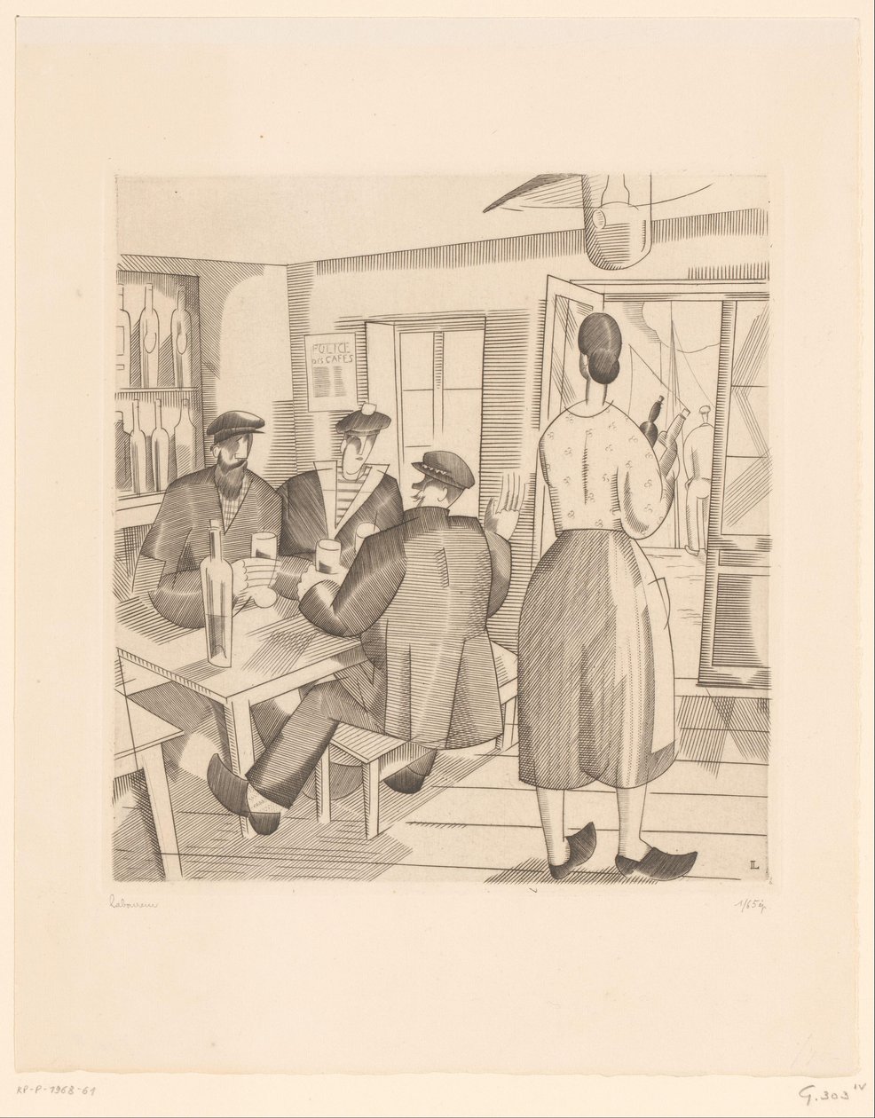 Caféinteriör med kunder och servitris Cabaret Vendeen av Jean Emile Laboureur (signed by artist)