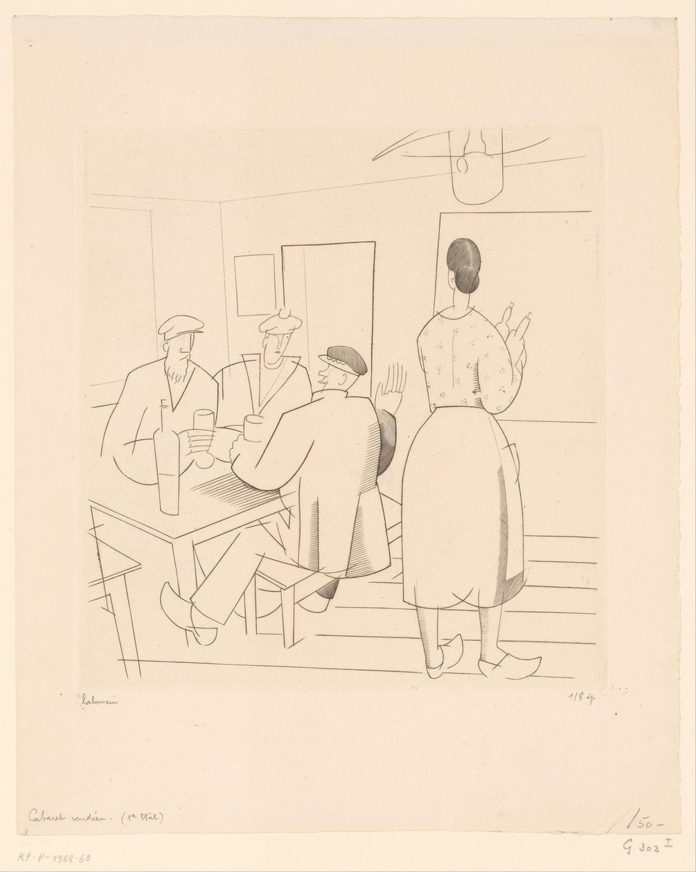 Caféinteriör med kunder och servitris Cabaret vendéen (titel på objekt) av Jean Emile Laboureur (signed by artist)
