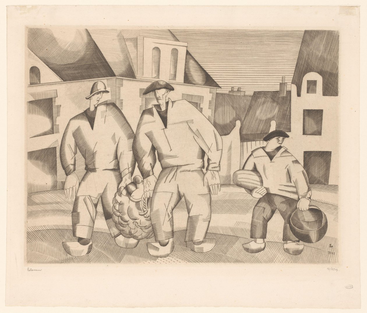 Tre sjömän på en gata Les trois marins av Jean Emile Laboureur (signed by artist)