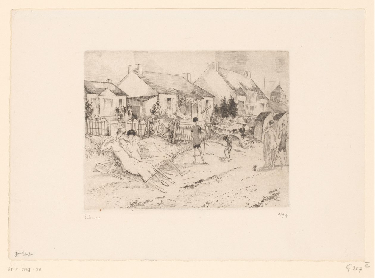 Tennisspelare vilar på stranden La petite plage (titel på objekt) av Jean Emile Laboureur (signed by artist)
