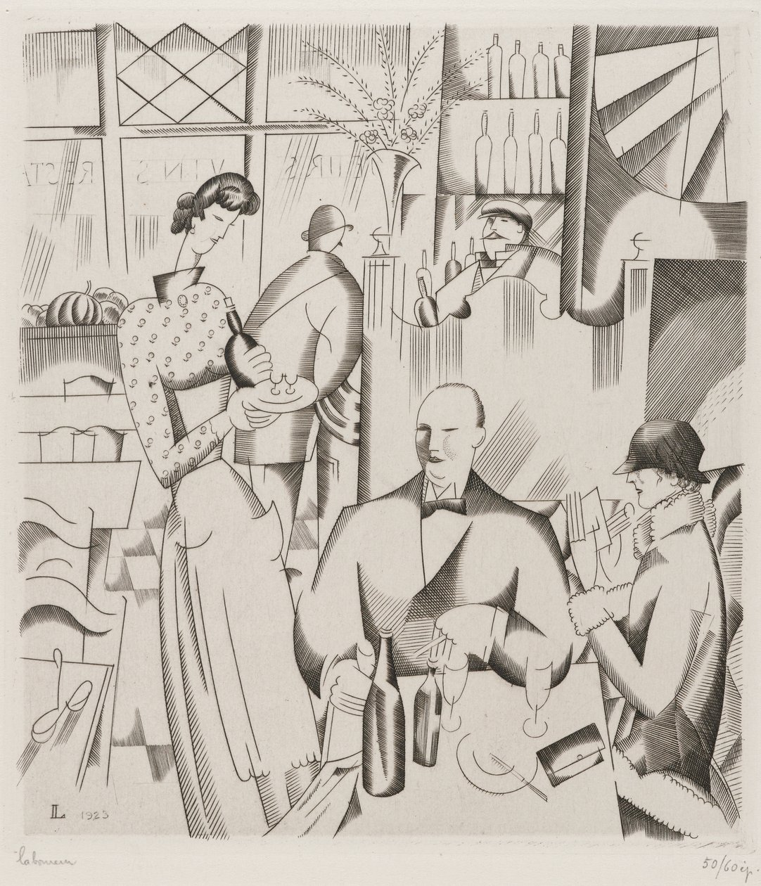 Middag på Bisto (Le diner chez le bistrot), 1923 (gravyr på vävt papper) av Jean Emile Laboureur