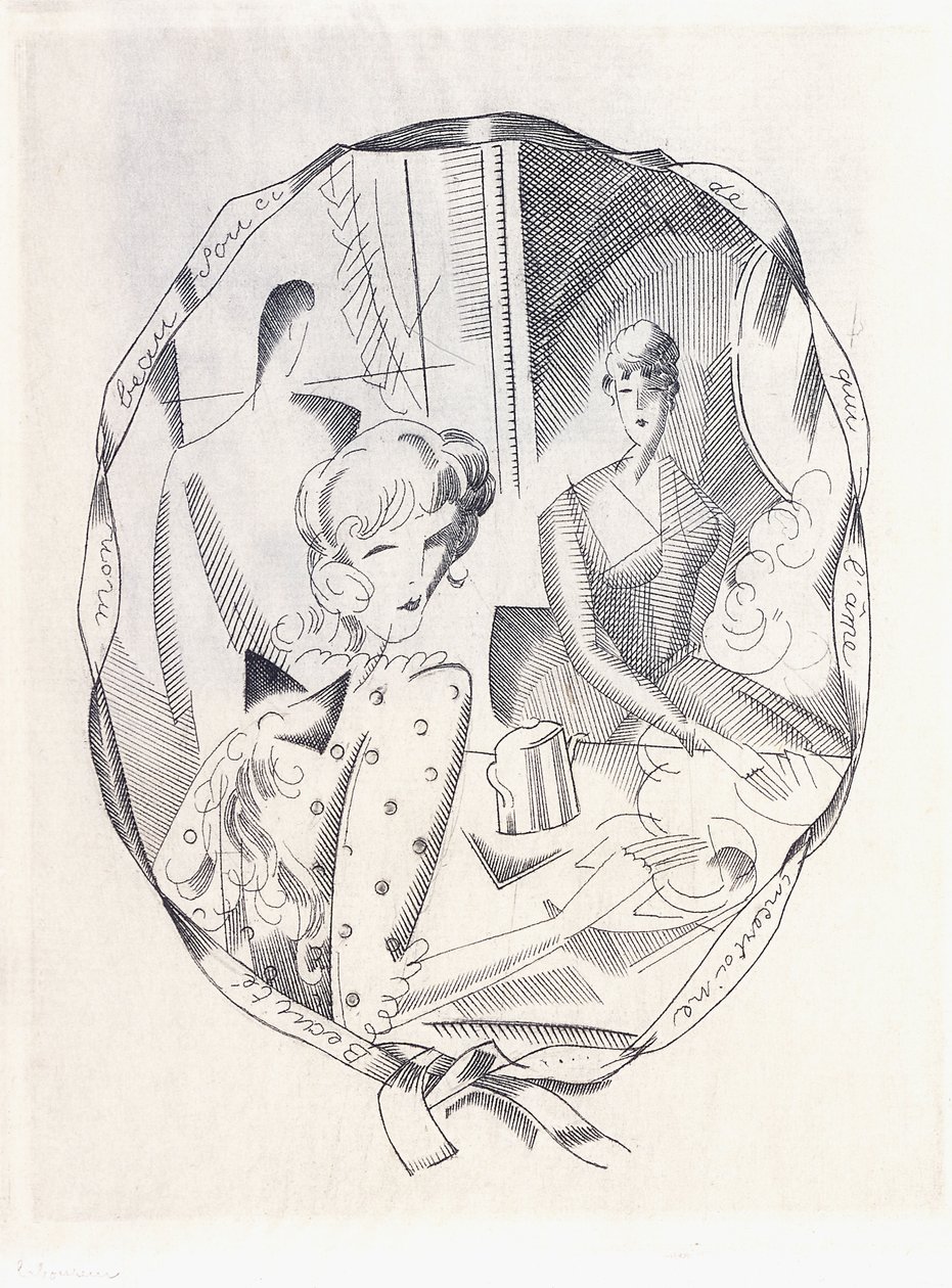 Illustration av två koketter och en gentleman, 1920 av Jean Emile Laboureur