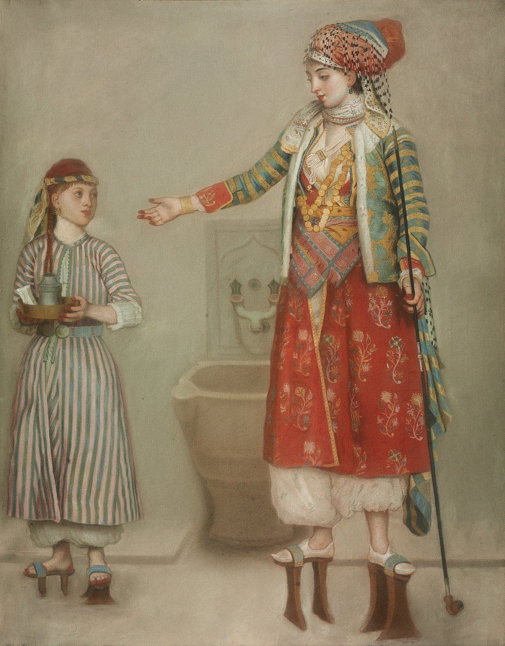 En dam i turkisk kostym med sin tjänare vid hamam, mitten av 1700-talet. av Jean Étienne Liotard
