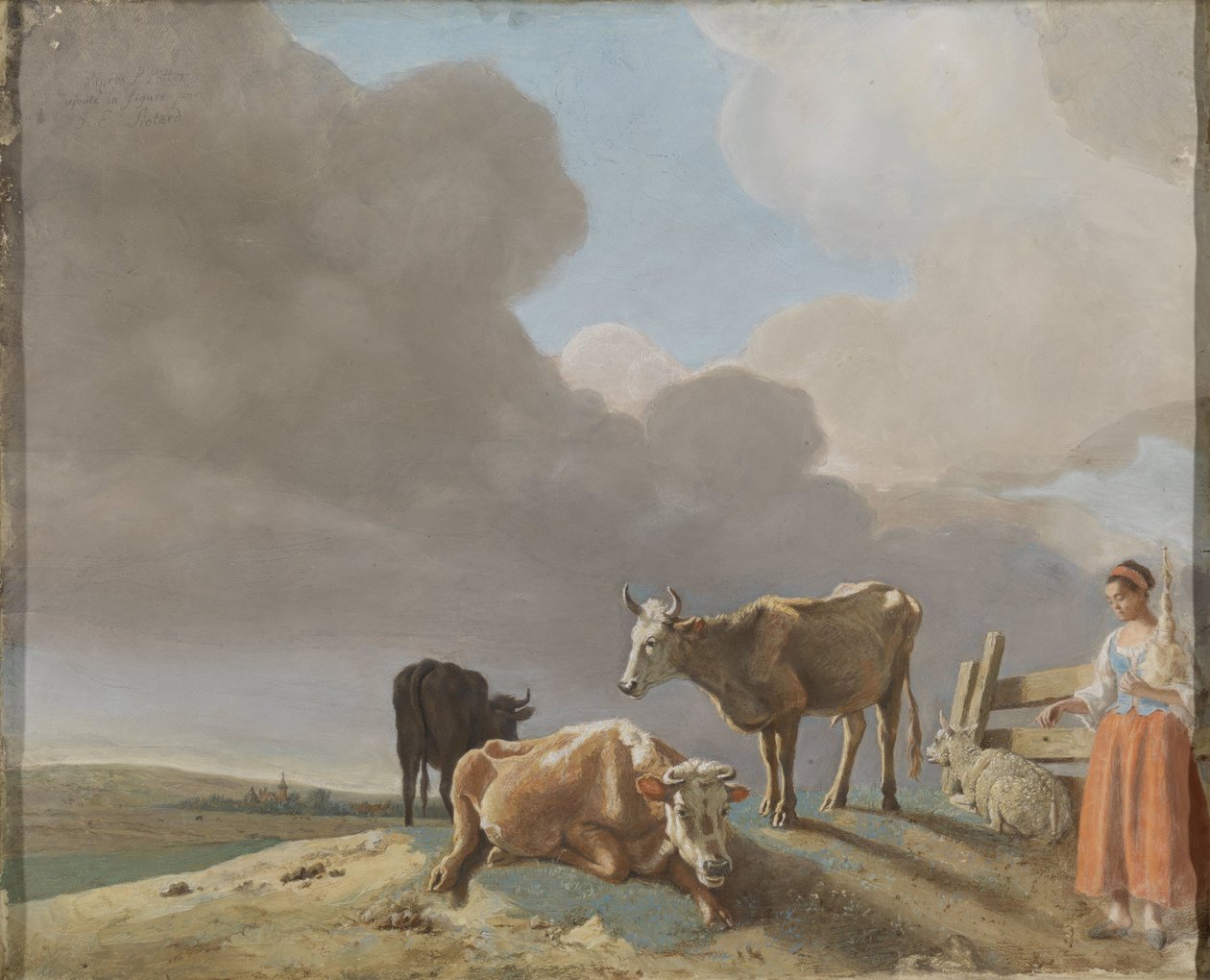 Landskap med kor, får och herdinna, modifierad kopia efter en målning av Paulus Potter, herdinnan kopierad från en målning av Karel Dujardin (recto); oavslutat porträtt av en man (omvänd) av Jean Étienne Liotard