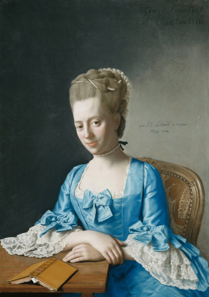 Porträtt av nåd, grevinnan av Clanbrassil, nee Foley, halvlängd, i en blå klänning, sittande vid ett bord, hennes händer i kors, 1774 av Jean Étienne Liotard