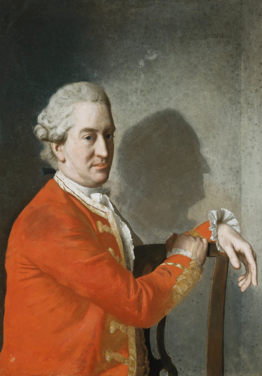 Porträtt av James Hamilton, 2nd Earl of Clanbrassil, halvlängd, i en röd rock, sittande i en mahognystol, hans profil gjuten i skuggor på väggen bakom, 1774 av Jean Étienne Liotard