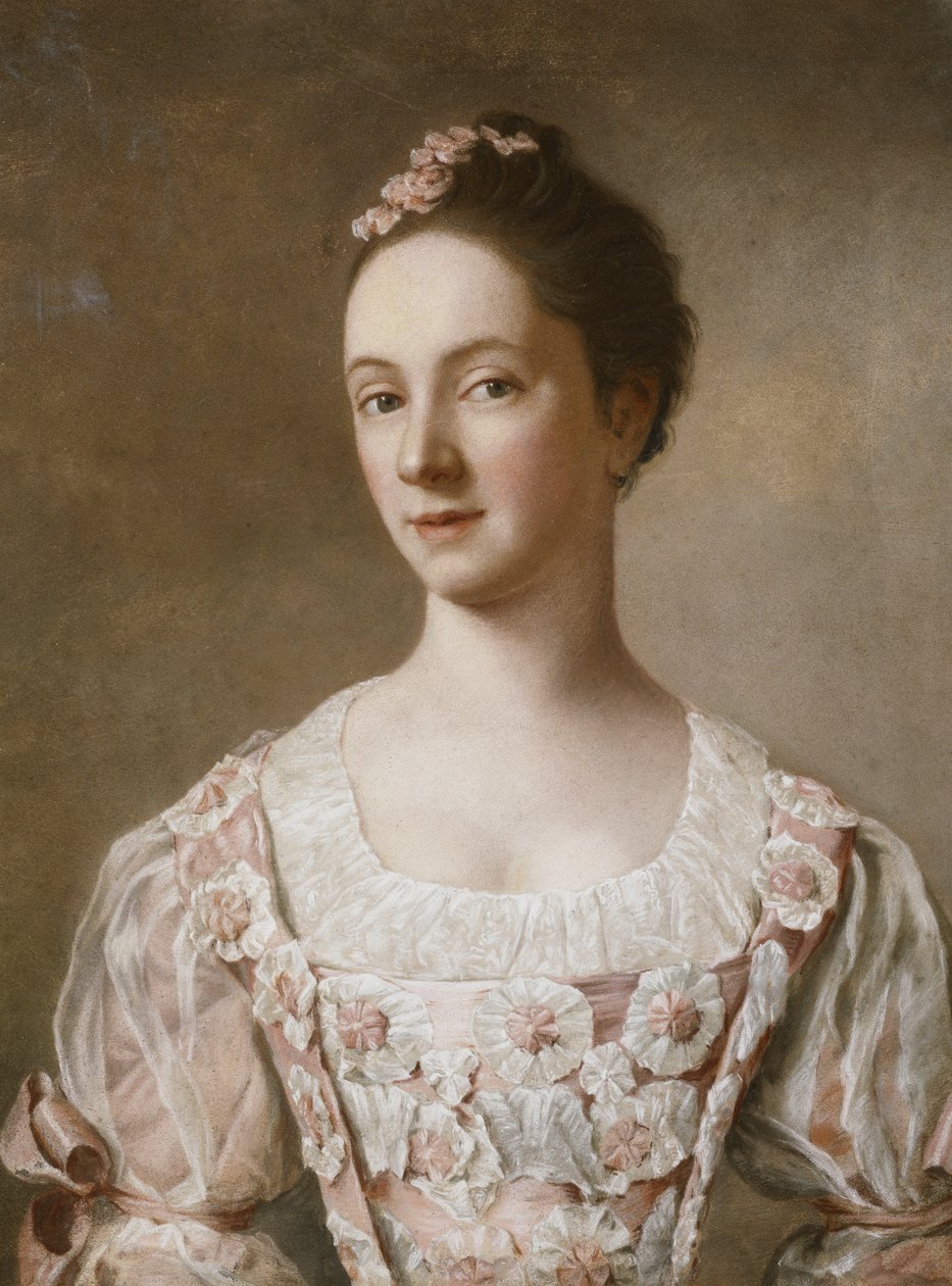 Porträtt av en dam, halvlångt, i en rosa och vit klänning, av Jean Étienne Liotard