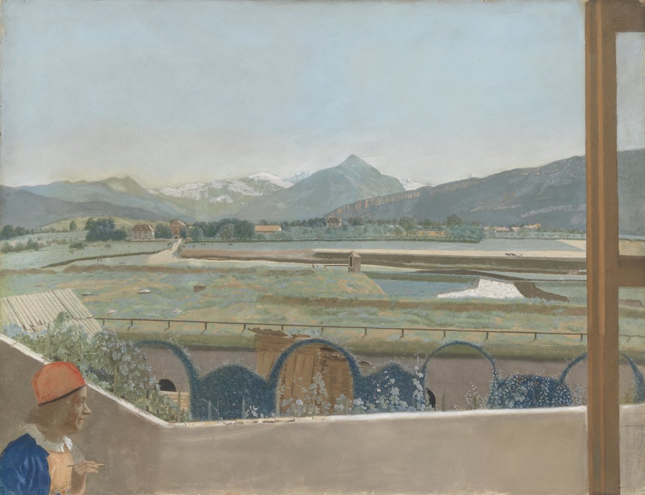 Utsikt mot Mont Blanc-massivet från konstnärens studio i Genève, med ett självporträtt, 1765-70 (pergament) av Jean Étienne Liotard