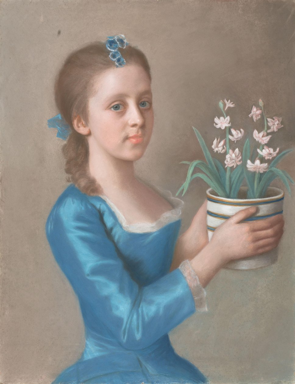 Ung flicka som håller en kruka med hyacinter Flicka med en blomkruka av hyacinter (möjligen ett porträtt av Lady Caroline Russell, senare hertiginna av Marlborough) av Jean Étienne Liotard