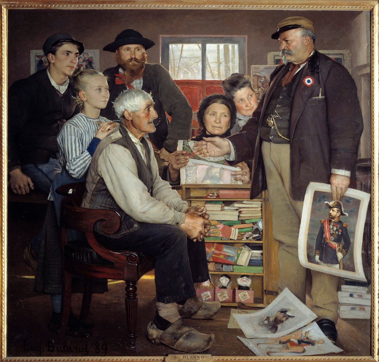 Bakers propagandascen. En bagare försöker övertyga en gammal bonde att gå med på festen. Målning av Eugene Buland (1852-1927) av Jean Eugene Buland