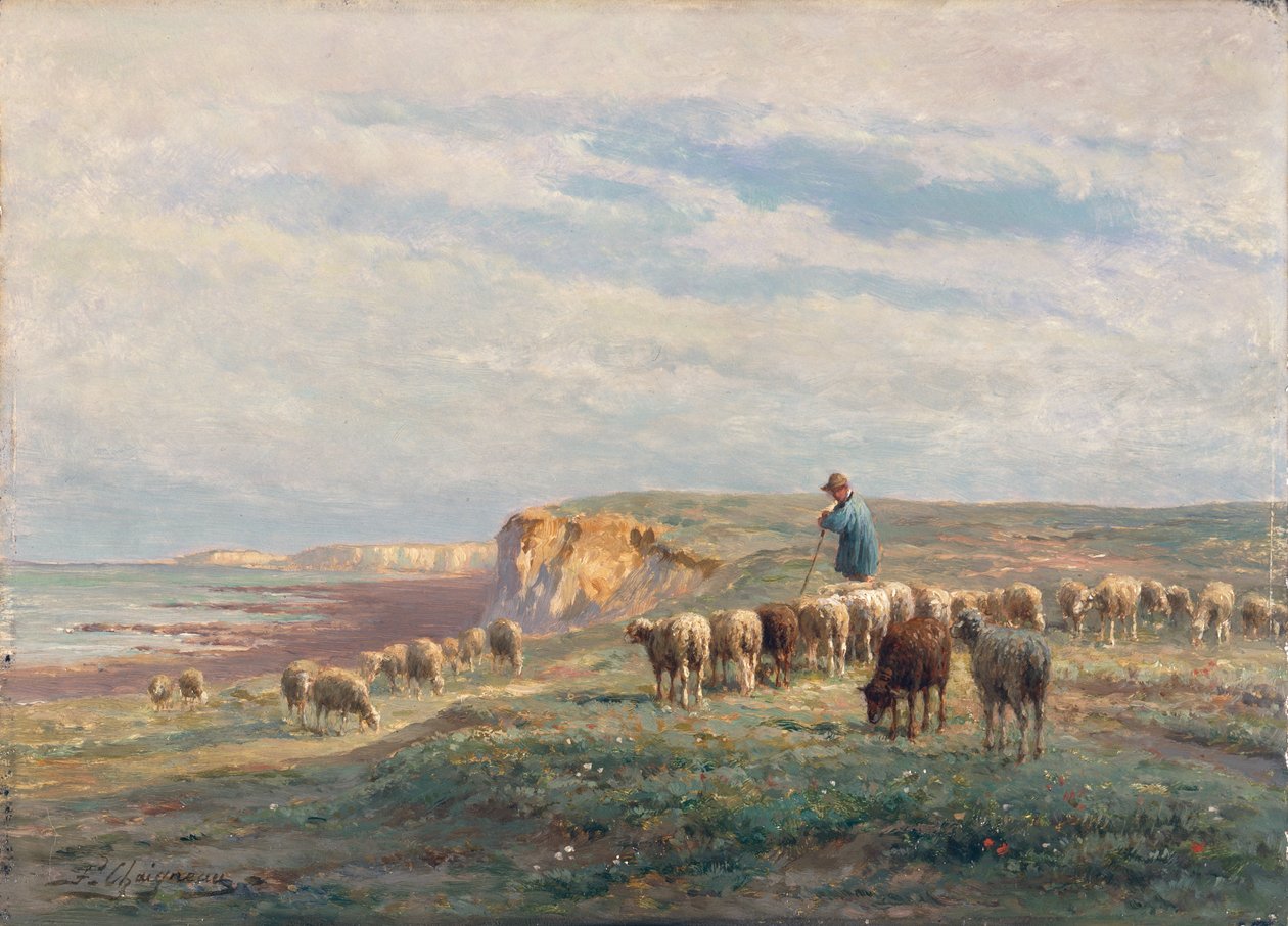 En flock får (olja på panel) av Jean Ferdinand Chaigneau