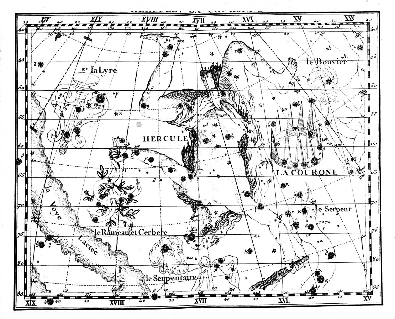 Astronomisk karta, centrerad på konstellationen Hercules, 1775 av Jean Fortin