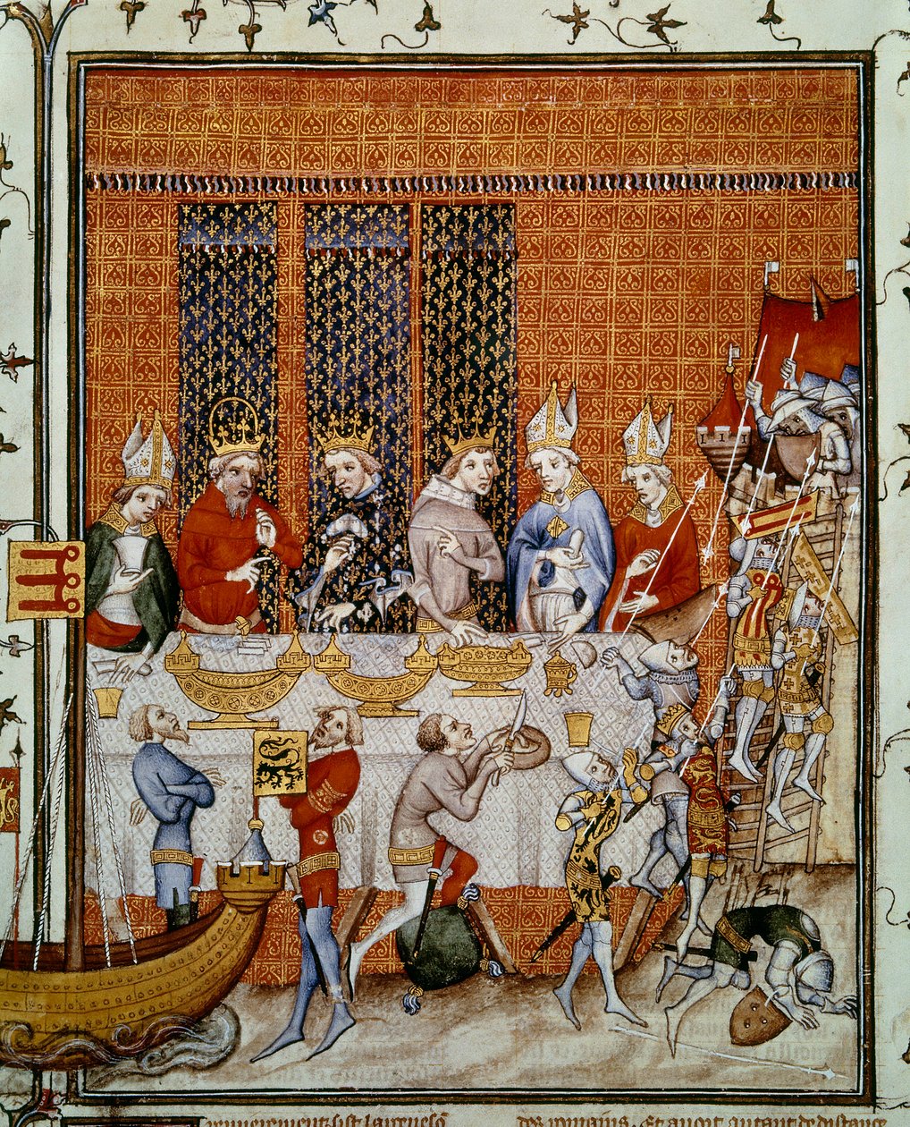 Bankett som erbjuds av kung Karl V av Frankrike (1338-1380) på Palace of the Cite för att hedra kejsar Karl IV (1316-1378) och Wencesla IV (1363-1419) kung av Boheme. Miniatyr från "Great Chronicles of France" av Jean Fouquet (1420-1481), Paris, B.N. av Jean Fouquet