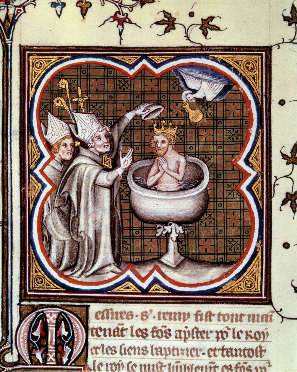 Bapteme of Clovis (466-511) av Saint Remy (Saint Remi) till Reims 496: den helige Ande tar med sig den heliga glödlampan som innehåller den heliga cherm som används för smörjelsen av kungar. Miniatyr i "" grandes chronicles de france" av Jean Fouquet (1420 av Jean Fouquet