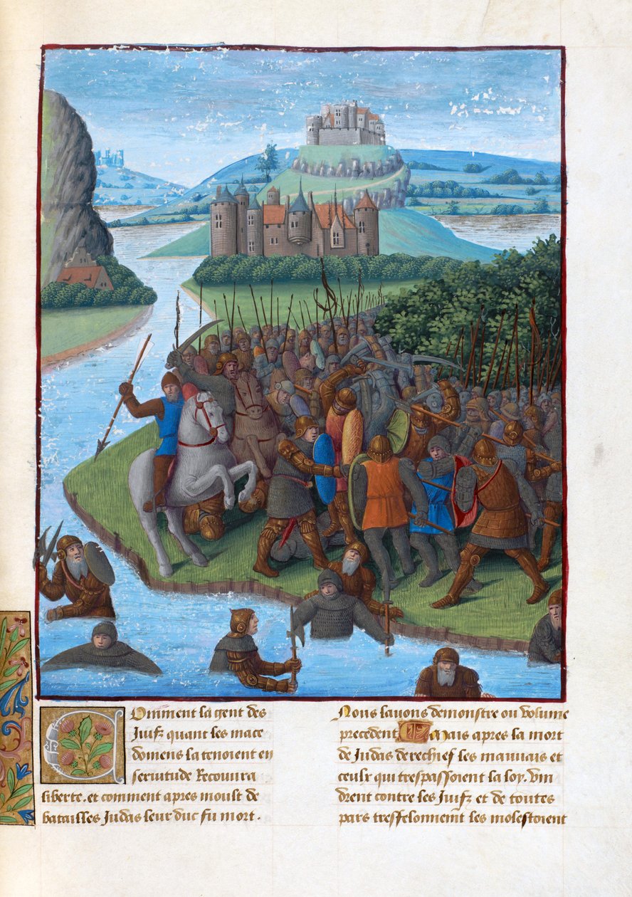 Strid mellan makkabéerna och seleukiderna (Maccabean Revolt). Illustration i Flavius ​​​​Josephus ""Judarnas antikviteter"" (Antiquitatum Iudaica av Fouquet, Jean (1420-1481). Gouache på pergament, L av Jean Fouquet