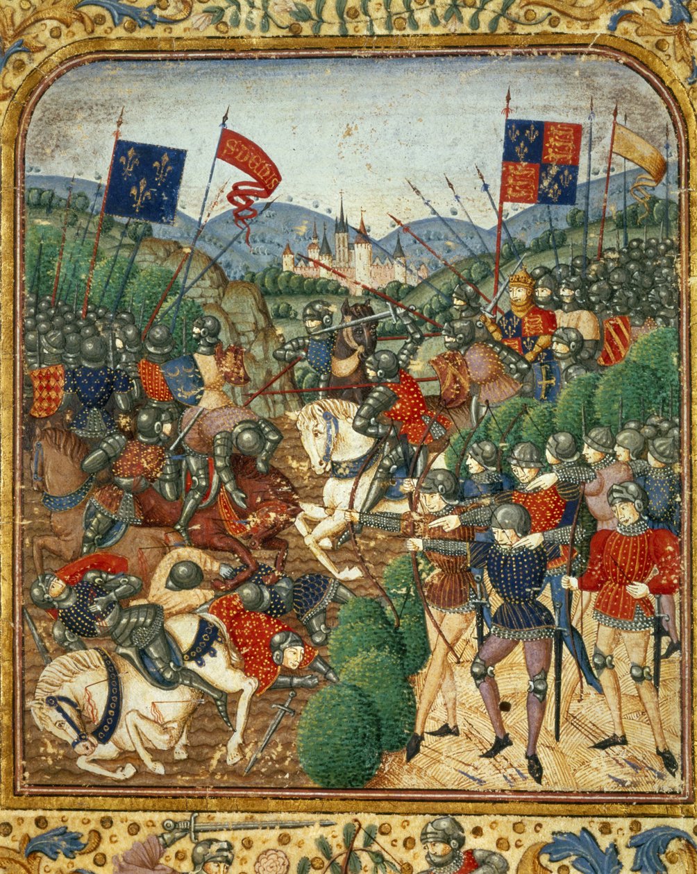 Slaget vid Azincourt (1415). Under hundraåriga kriget besegrade Henrik V av England det franska Armagnacs-partiet - i "Grandes Chronicles de France" av Jean Fouquet, omkring 1467 - 1476). Victoria & Albert bibliotek av Jean Fouquet