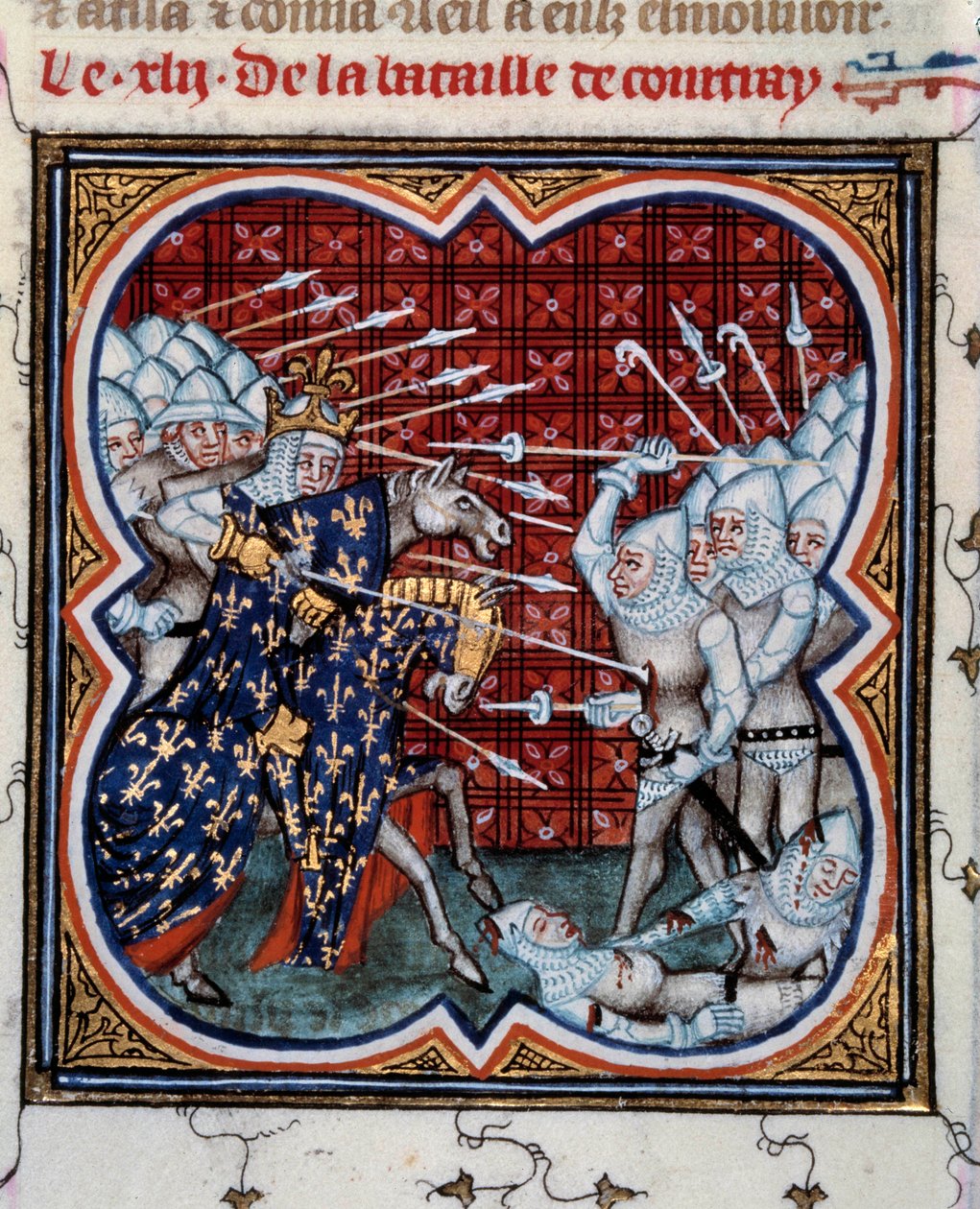 Slaget vid Kortrijk mellan Filip IV the Bel (1268-1314) och det flamländska så kallade slaget vid Golden Spurs 11/07/1302 Miniatyr hämtad från "" Les grandes chronicles de France"" av Jean Fouquet (1420-1481) 1400-talet . Paris, B.N. av Jean Fouquet
