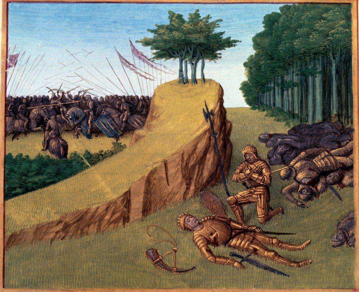 Slaget vid Roncesvalaux (778). Roland dog i Roncevaux. Miniatyr i "" Grandes Chronicles de France"" (Folio 113) av Jean Fouquet (141.-147.) BN, Paris. av Jean Fouquet