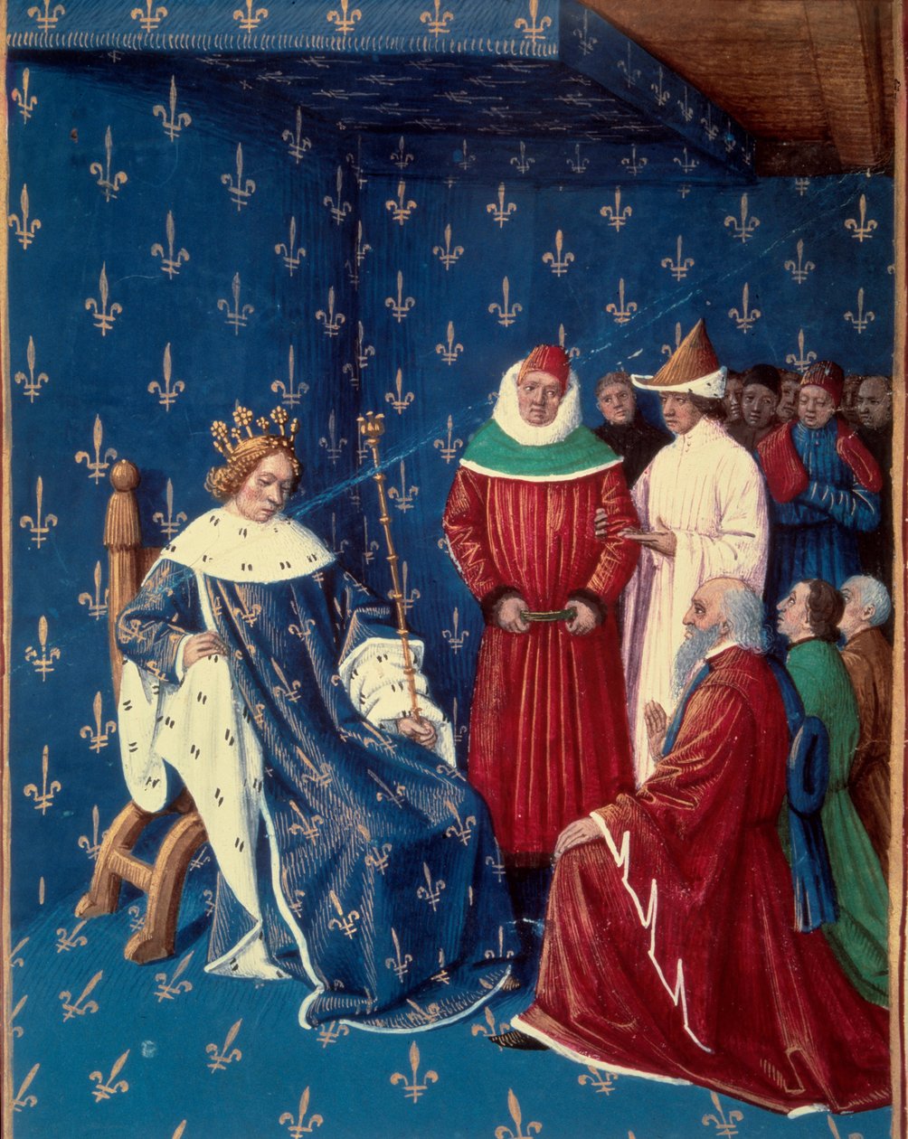 Karl V (1338-1380) tog emot ambassadörer från Karl IV (1316-1378), kejsare av det heliga germanska riket 1377. Miniatyr från ett manuskript av Jean Fouquet (1420-1481). av Jean Fouquet