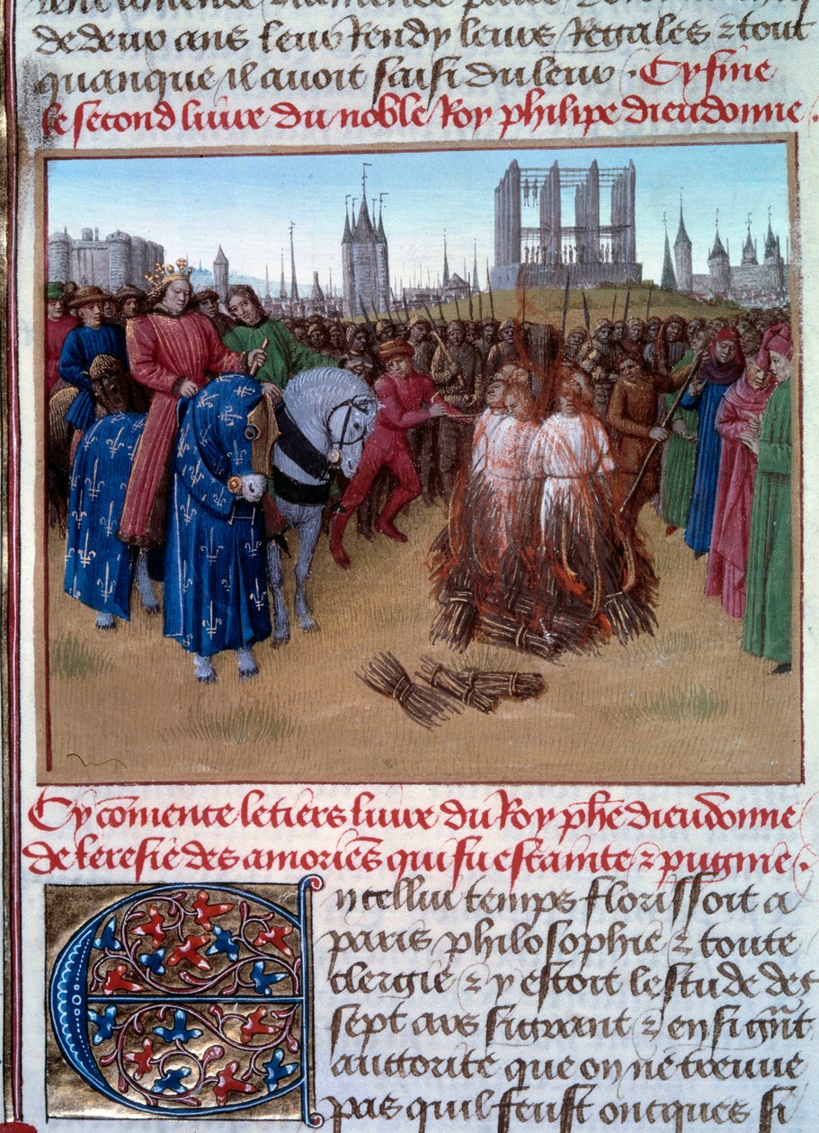 Fördömande och tortyr av amaurikerna (anhängare av Amaury de Chartres, fransk filosof och teolog från 1100-talet) i närvaro av Filip II känd som Philip Auguste (1165-1223). Manuskript "" Grandes Chronicles de France "" (Folio 236 av Jean Fouquet